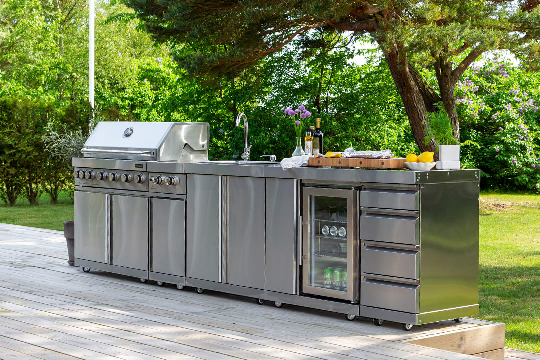 Outdoorküche mit Grill Edelstahl Oregon Myoutdoorkitchen Stainless Collection Kühlschrank Spüle Aufbewahrung - Stainless