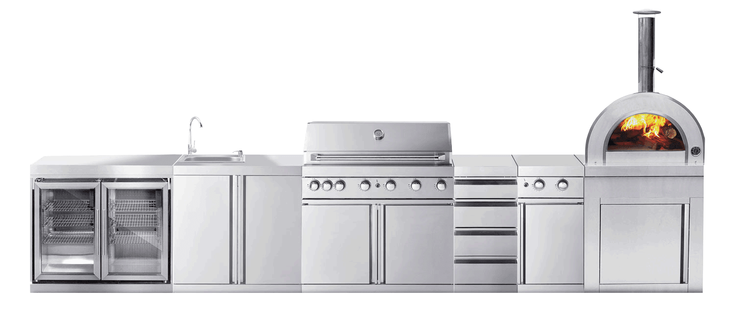 Outdoorküche mit Pizzaofen Edelstahl Kansas Myoutdoorkitchen Stainless Collection Gasgrill Kühlschrank Seitenbrenner Spüle - Stainless